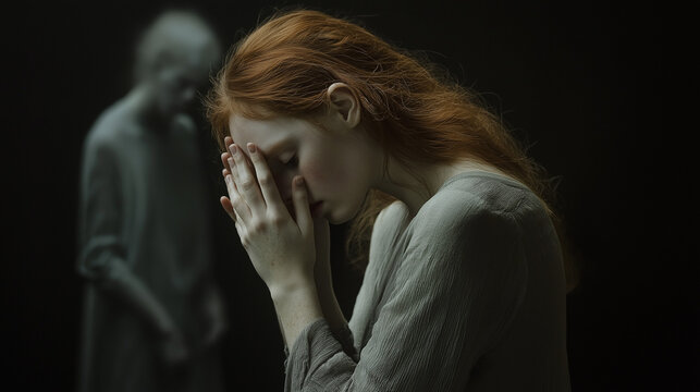 Innocent girl feeling overwhelming loneliness and embraces herself in a mental illness concept