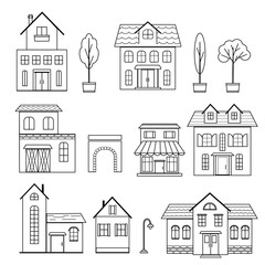 Vector set of different houses, trees, shop, lamppost and arch, transparent illustration drawn with contour black lines
