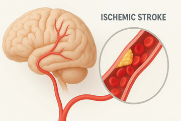 Ischemic stroke brain illustration, showing blocked blood vessel with clot obstructing blood flow, highlighting medical concept of stroke and vascular health