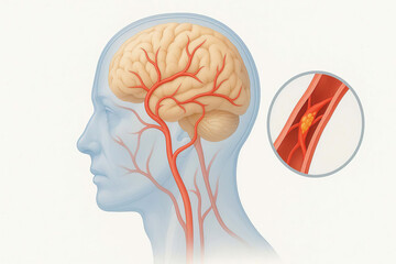 Human brain, blood vessel, artery, stroke, and blockage are shown in this medical illustration, highlighting risk of cerebral artery obstruction and its impact on brain health