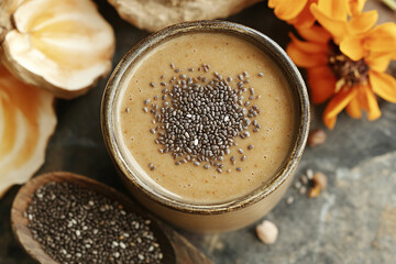 Homemade smoothie with chia seeds in a glass, top view. Healthy and tasty food concept.