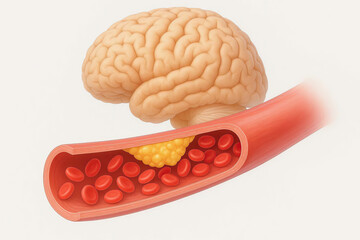 Brain artery blood cholesterol plaque blockage health medical anatomy disease. This illustration shows human brain and cross section of artery with cholesterol plaque causing blockage highlighting