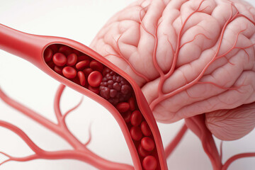 Blood vessel brain clot artery red blood cell blockage medical health anatomy stroke. This detailed 3D illustration shows blood clot blocking artery brain highlighting risk of stroke