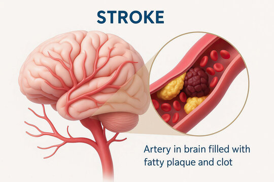 Stroke brain artery clot plaque blood vessel medical illustration health disease anatomy blockage human organ neurology risk emergency infarction cerebral danger
