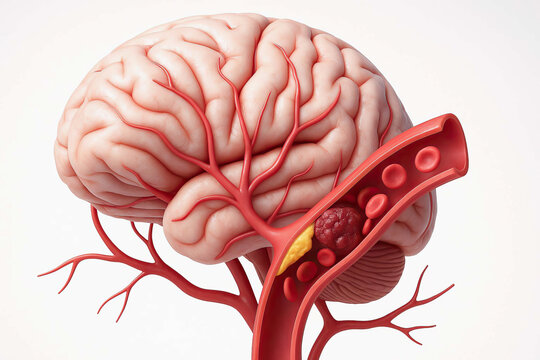 Brain blood vessel artery clot blockage stroke medical anatomy health disease. This detailed illustration shows human brain with close up of blocked artery highlighting blood clot and plaque