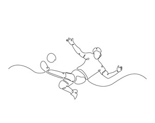 Football player outline drawing illustration. one continuous line drawing of soccer player kick the ball. © mojoduwur