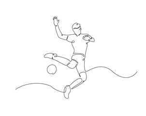 Football player outline drawing illustration. one continuous line drawing of soccer player kick the ball.