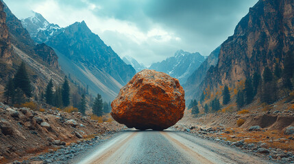 Large boulders block a mountain valley road, creating a hazardous obstruction. Rockslide causes dangerous road conditions and transportation disruption in a rugged natural landscape.

