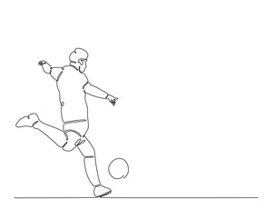 Football player outline drawing illustration. one continuous line drawing of soccer player kick the ball.