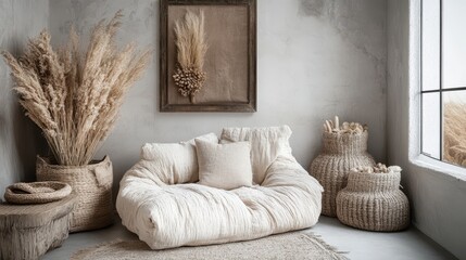 Neutral tones create a serene and cozy living space.