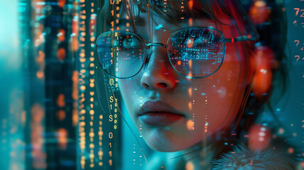 young woman modern portrait matrix, technology overlay in neon colors, science and technology concept