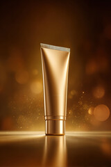 Sleek golden sunscreen tube stands elegantly on polished surface, illuminated by warm glow that enhances its luxurious appearance. background sparkles softly, creating inviting atmosphere