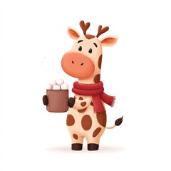Fototapeta premium Smiling giraffe holding cocoa mug and christmas gift box in cozy playful winter celebration, Watercolor Illustration