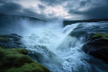 Naklejka premium Powerful waterfall cascading over dark rocks, dramatic sky