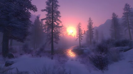 A winter wonderland scene at sunrise.