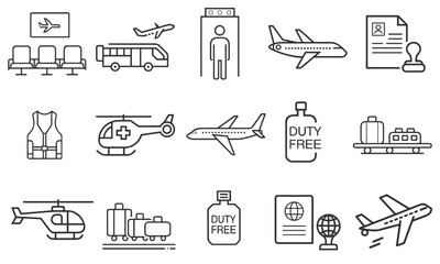 Airport and Aviation Transportation Icon Set for Travel Apps, Booking Websites, Flight Information Systems and Tourism Business Presentations