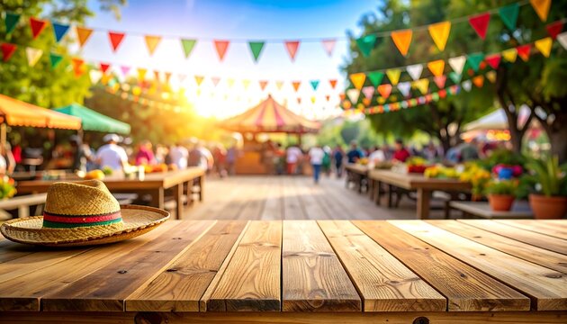 Wooden table in front of a bustling fair