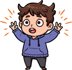 Excited cartoon boy cheering with peace signs