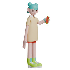 3d render woman character looking sideways while smiling to the front pose gesture 