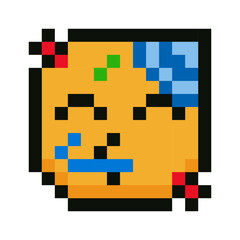 Colorful pixel art emoji with a party horn and festive confetti. Represents celebration, birthday, party mood or holiday fun. Perfect for retro games, social media, festive design and digital content.