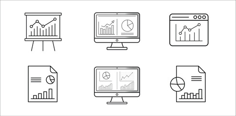 Digital and Printed Data Report Icons Set – Outline Style for Dashboard and Analytics Visualization