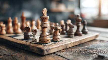 Vintage wooden chess set on a rustic table