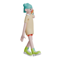3d render woman character looking sideways while talking on the phone pose gesture 