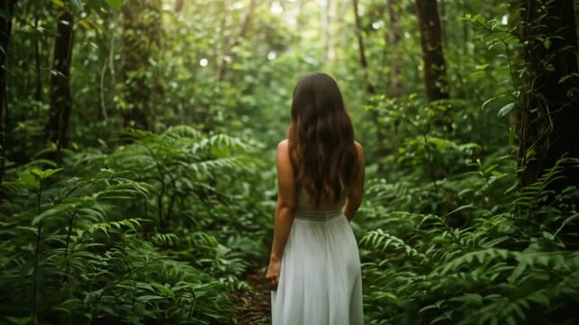 Woman in white dress amidst lush green forest