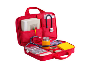 First aid kit with a stethoscope and bandage isolated against a transparent background