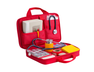 First aid kit with a stethoscope and bandage isolated against a transparent background