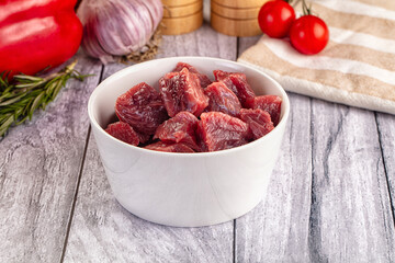 Raw beef meat cubes pieces