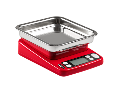 A red kitchen scale with white numbers on the face, a stainless steel tray, and an empty plate above it isolated against a transparent background