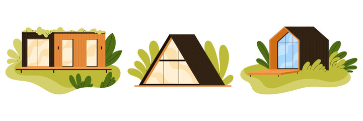 Set of modern modular houses. Compact eco-friendly cabins or container homes with large window, green roof, and wooden paneling. Tiny house, sustainable architecture concept. Flat vector illustration