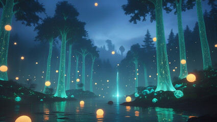 A magical forest of giant bioluminescent trees and floating light orbs under a twilight sky. With fog and cinematic lighting, this scene is perfect for fantasy book covers, game environments, and digi