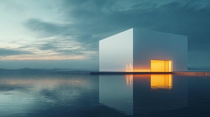 Cube Structure on Calm Water at Sunset