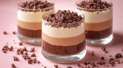 Delicious layered chocolate cream dessert served in a clear glass cup, beautifully contrasted against a soft pink background. Rich, creamy, and indulgent treat.

