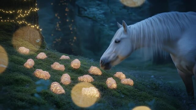 Night scene showing a glowing trail of horse poo with a white horse in a mystical landscape