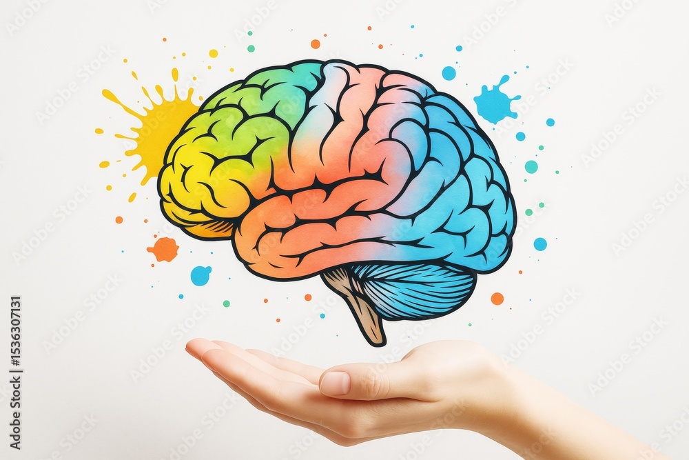 Poster Vibrant brain illustration floating above a hand with colorful splashes symbolizing creativity and science on a white background. Ai generative.