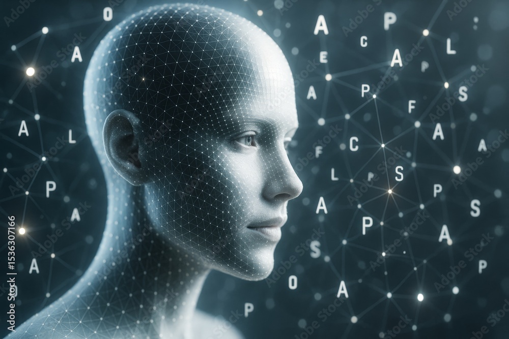 Aufkleber Futuristic digital human head with glowing neural network and abstract letters in a dark tech background, symbolizing artificial intelligence concept.