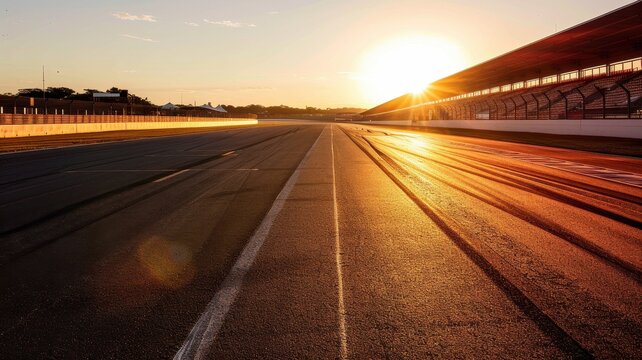 A serene sunset views of an empty race track at Interlagos, highlighting the smooth asphalt and golden light. Perfect for motorsport enthusiasts and landscape photography.