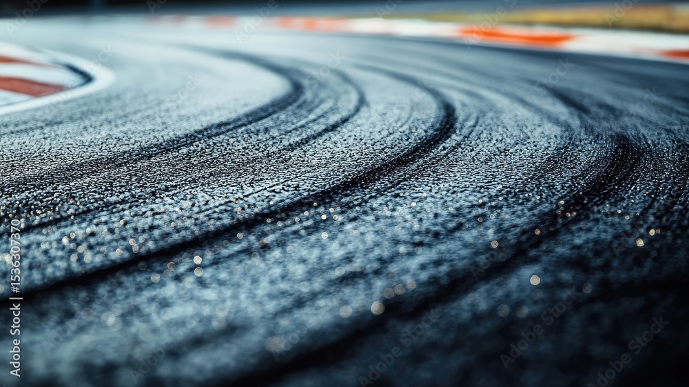 Wall mural a close-up view of an empty formula 1 track showcasing the smooth asphalt surface and intricate tire
