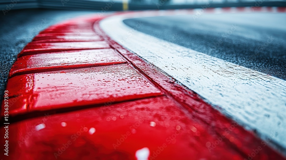 Wall mural a close-up view of an empty formula 1 track, emphasizing the vibrant red barriers and wet asphalt. t