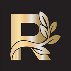 Green Leaf Logo Combine With Letter R Vector Template