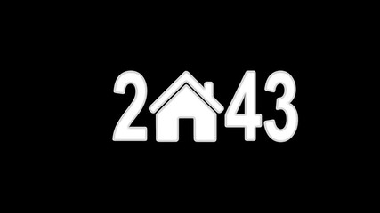 Pointing at 2043 with a glowing house icon representing real estate growth and market innovation. Perfect for property investment, finance on black background.