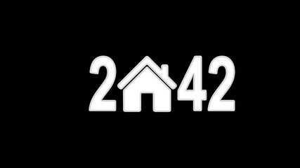 Pointing at 2042 with a glowing house icon representing real estate growth and market innovation. Perfect for property investment, finance on black background.