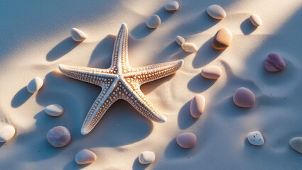 Starfish and pebble flatlay on fine sand for serene spa and zen branding. Perfect for wellness packaging, coastal decor, and tranquil vacation visuals.
