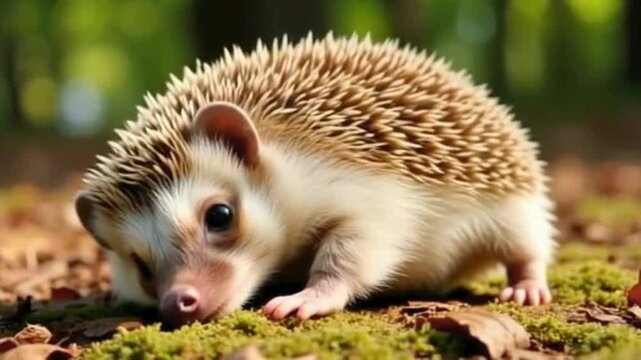4K close-up wildlife video of a hedgehog slowly waking and stretching after a peaceful daytime nap