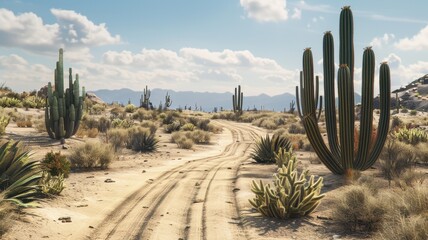 A winding track through a vibrant desert landscape featuring tall cacti and diverse plants. This serene environment captures the essence of rugged wilderness and natural beauty.