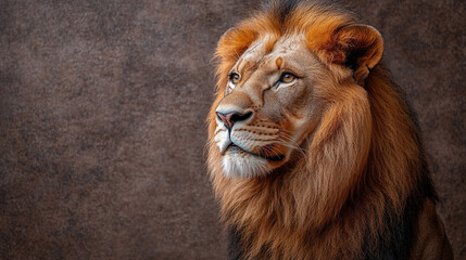 Fototapeta premium Majestic male lion in profile against a warm tan textured background. Symbolizes strength, courage, nobility, and the wild beauty of nature.