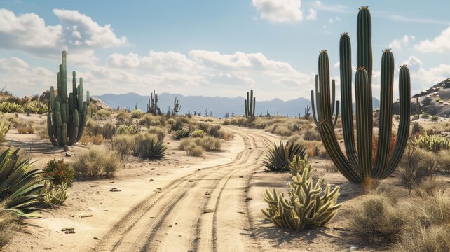 A winding track through a vibrant desert landscape featuring tall cacti and diverse plants. This serene environment captures the essence of rugged wilderness and natural beauty.